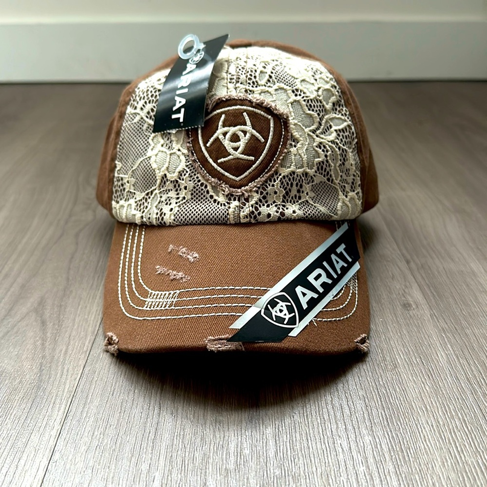 Ariat Western Womens Hat Baseball Cap Lace Overlay Brown Distressed